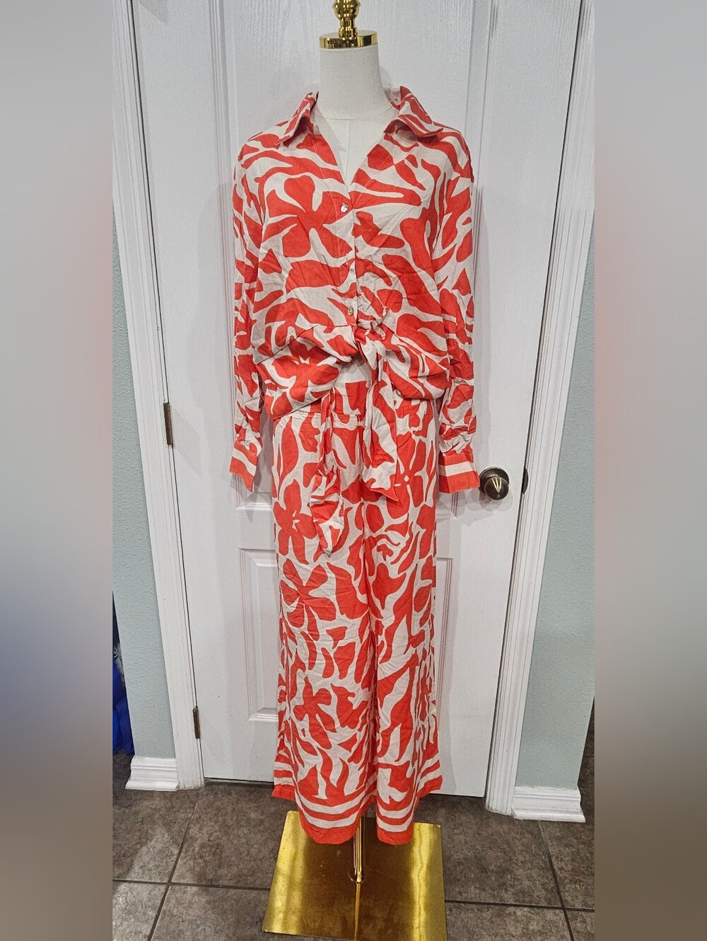 Women's Orange and Cream Floral Button-Up Top And Pants Set